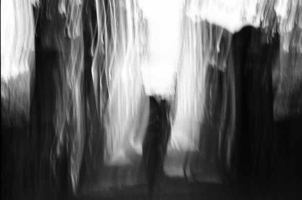 a blurry black and white photo of a pathway with pillars on either side, streaking haze or mist of light emanating from the pillars and ground. 
In the middle stands the oracle. You can not fathom her face, only the message you receive. Her voice is pure light 
