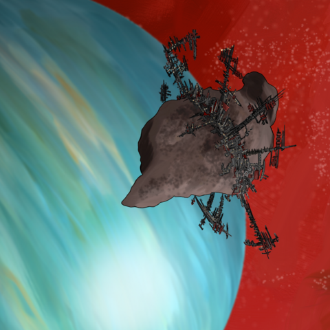 An asteroid floats above a blue gas giant planet in a blood-red starscape. A city-like structure forms a belt around the asteroid's equator, with large spokes and towers extending and branching out into space to form a broken, jagged ring.