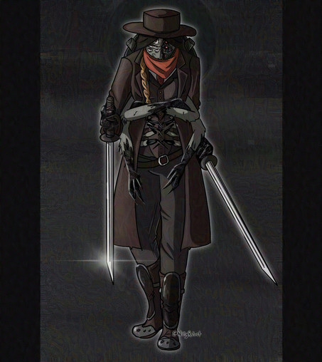 An insect woman dressed in gunslinger clothes wielding two katana. 