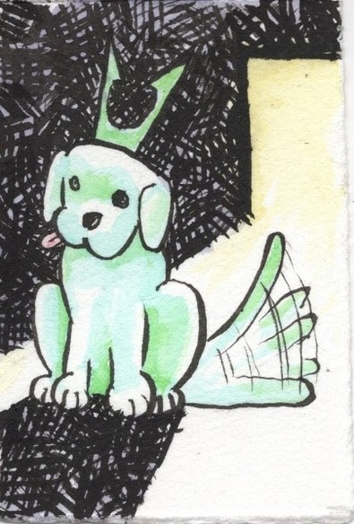 Green dog wearing a two pronged crown wagging its tail.  Sitting in a dark room backlit by light from an open doorway.