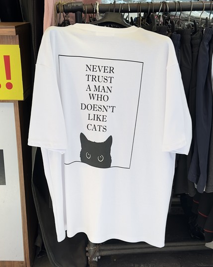 T shirt seen in Seoul. “Never trust a man who doesn’t like cats”. 
