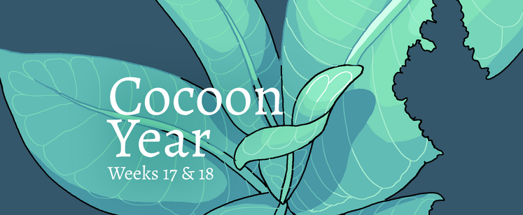 Crop of digital art featuring milkweed plant leaves munched by a caterpillar. Full description of illustration is included on the full image within this blog post. White text overlaid on top of this preview graphic reads: 