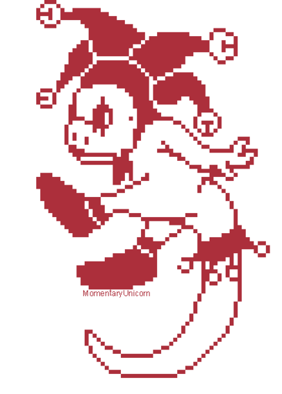 Pixel art, red and white only:  A lizard character wearing a jester hat with bells, boots, and a tail decoration with bells balancing on their tail in a weird pose.