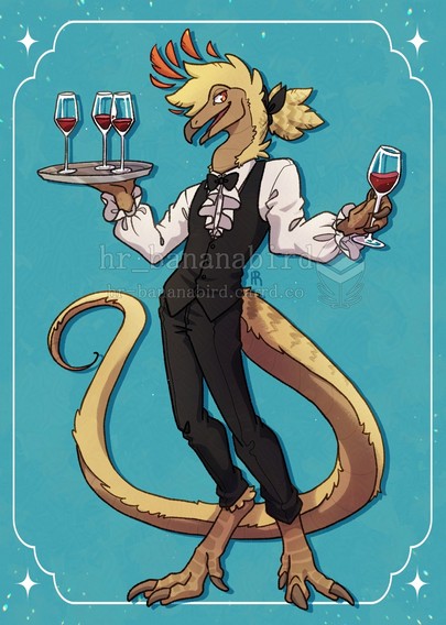 Digital art of a species called a Fetroscale that look like an anthro feathery snake with a beak. He is wearing a white frilly button-up with a black bow-tie under a black suit vest and black suit pants. In his right hand is a silver platter with a couple of glasses filled with red wine, and in his left hand he is holding a glass like he's about to serve it.