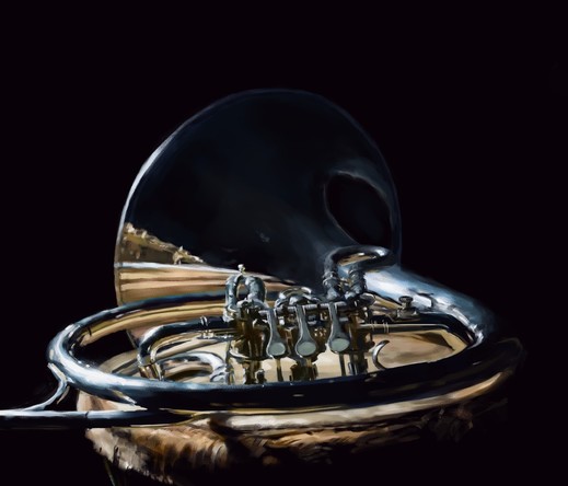 Painting of a french horn – the metal gleams handsomely against a dark backdrop. 