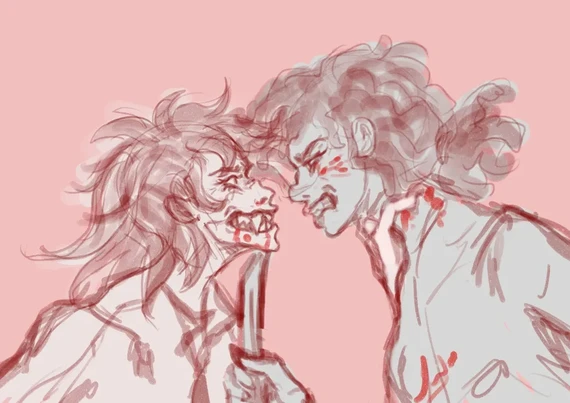 Digital doodle of two people fighting, face to face. One is holding a knife.