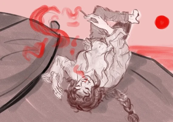 Digital doodle of a person laying on top of their car, smoking, relaxed