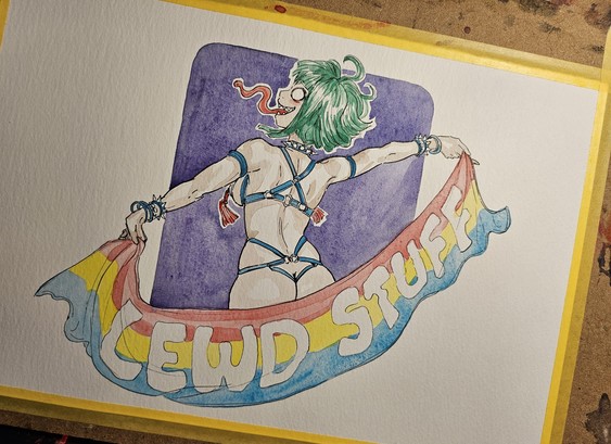 A watercolour painting of a lady in a harness, holding a banner behind her that says LEWD STUFF
