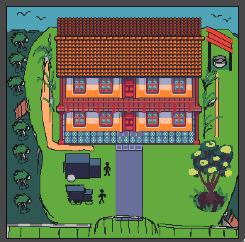 sketch of a pixel art piece. House of 2 floors. Some grass, a lot of trees and some early xx century cars. Update on the Facade of the house