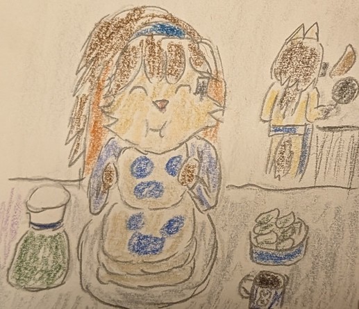 Lop Norausa sits at the table eating breakfast. She has a berry smile pancakes in her hands, but it lost its smile. More pancakes, a pitcher of meiloorun juice, a cup of coffee, and a bowl of meiloorun are around her. Eli Norainu flips more pancakes as he cooks in the background.