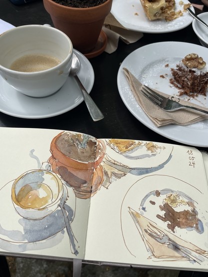 Photo of the same sketch and the reference coffee and plates in the background 