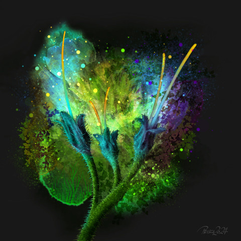 photo, watercolour & ink; three buds with thorny stalk sprout upwards, omitting long tails of light; the background is illuminated in yellows and greens, with scattered light dots; silhouettes of leaves surround the scene in colours of green and purple.