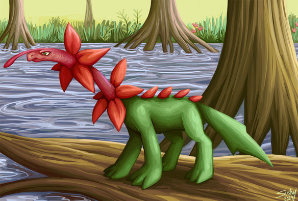 digital painting of a green reptile with flowers on its head and neck.