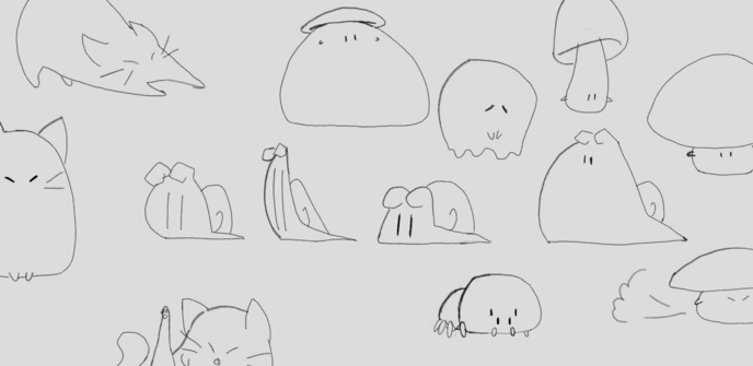 Drawings of my little guys (cute creatures; snails, mushrooms, cats, a spider, a ghost, etc)