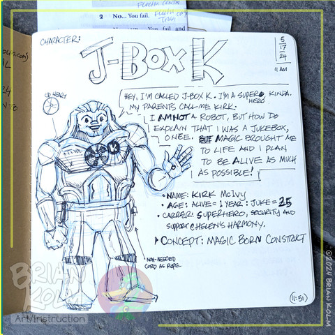 A solo rpg journal page from my SuperCity24 game.
This is the set-up of the character. It was fun to have them introduce them self with a word balloon.
The title: J-Box K and a picture of a robotic looking man with a stocky build. His hair is the decorative 'fan' of a jukebox and a circular record/cd is on his chest. Neon tubing goes around his stomach and hips. Chrome detailing down his legs and arms. His face has a boyish simplicity with a kind smile.
Not shown is a page of attribute tags: edges/flaws/mind/body/drive, etc.
