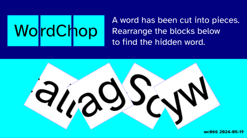 There's a word which has been cut into squares, each of which contains a part  of the word, maybe with parts of some letters cut so they appear on different squares.

The puzzle image is mostly in stripes of blue, but the jumbled, partly overlapping squares are white with black letters.

The main clue is that one letter has a capital letter in it, marking the beginning of the word. 
