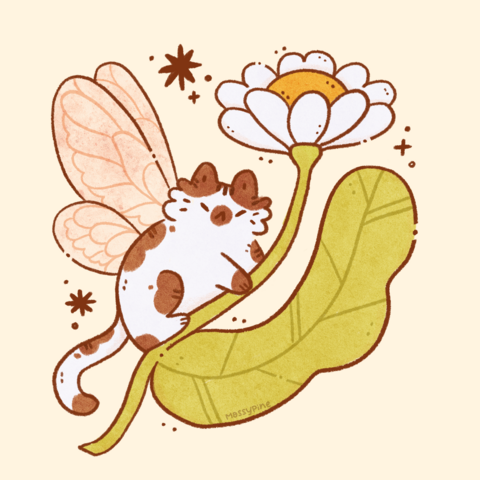 Digital artwork of a fairy cat holding onto a white and yellow flower, bymossypine 