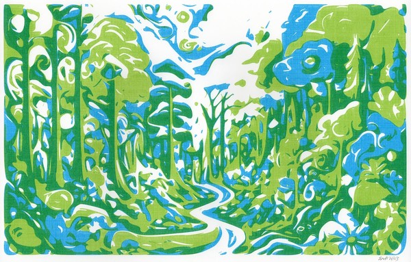Green and blue block print landscape