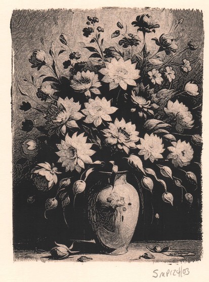 Vase of detailed flowers etched in black paint 