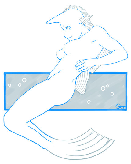 A mermaid drawn to look like a Naso Unicornfish. Like the name suggest they have a horn coming out of the top center of their head. They also have a long back fin that starts at the base of horn and runs back over their head, down their back, and ends just above their butt.