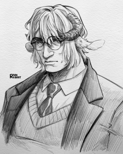 A digital pencil sketch of a man with a ram's horns and ears, glancing behind himself with furrowed eyebrows. He has round glasses, a roman nose, a long face, and eyebags. He's wearing a coat, a sweater, and a button up with a tie tucked into that sweater.