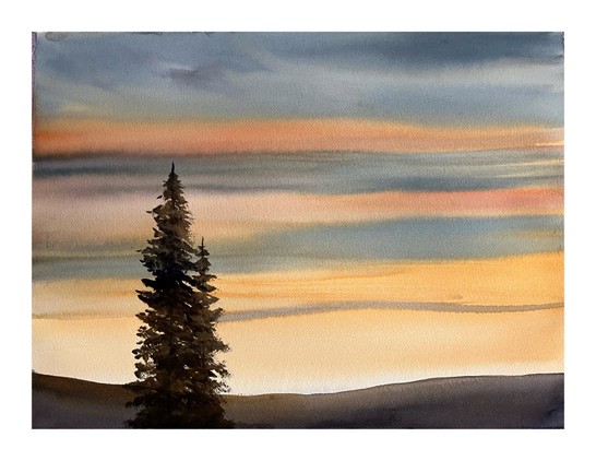 Painting of two spruce trees silhouetted by a morning sky.