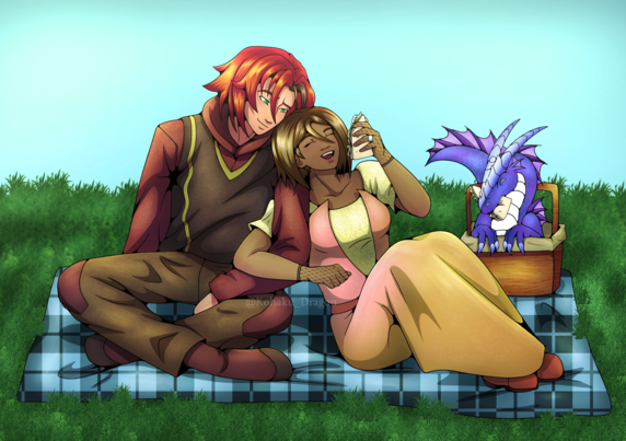 A happy couple laid out a blanket on a beautiful grassy field to set up their picnic. They are smiling and laughing while their dragon friend sits in the basket, eating all the sandwiches