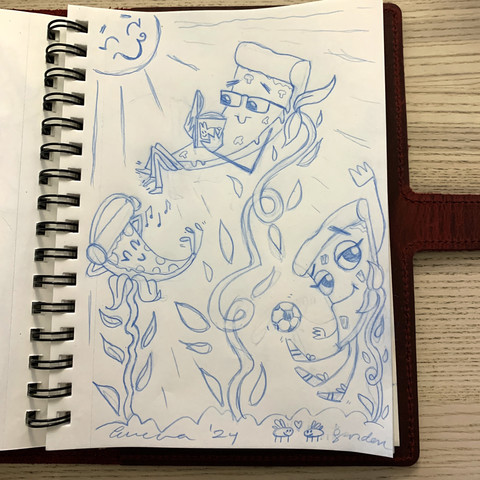 sketchbook in red leather case on pale wooden surface. sketch in blue pencil of a pizza garden, smiling sun shining down, and two bugs in love. three pizza slices growing from vines with leaves. one slice is pepperoni and chilling listening to music. the second slice is mushroom, reading a book with their legs crossed. the third slice is pineapple and ham and playing soccer. two bugs in love in the dirt at the bottom. bold signature, date, and 