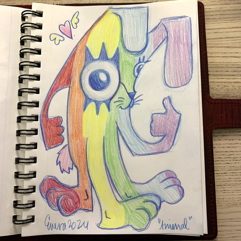 sketchbook in red leather case on pale wooden surface. sketch in colored pencil of a rabbit creature thing with a winged heart above their head. the rainbow colored rabbit has three legs, two ears, one big eye and one small eye, and a pink tail. bold signature, date, and 