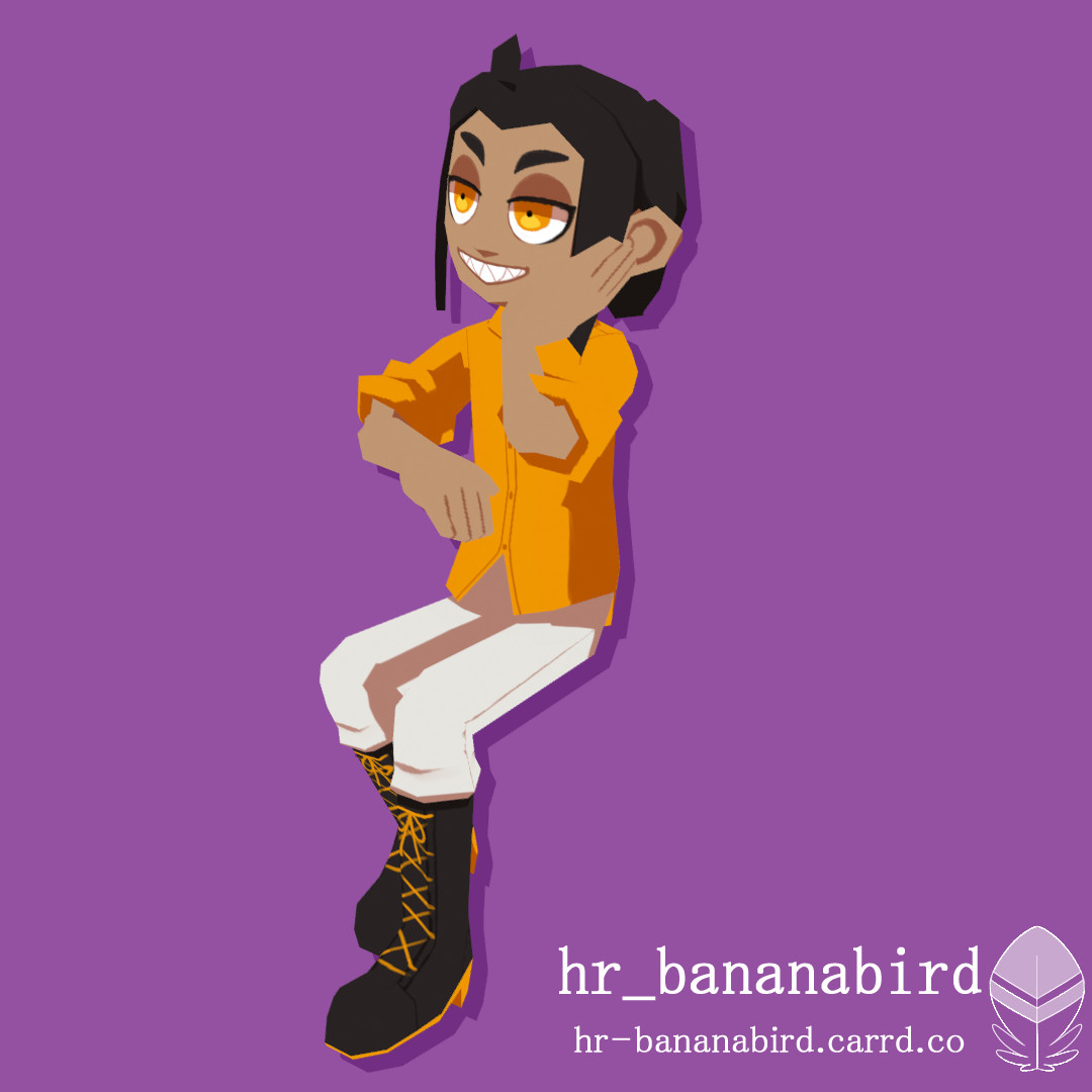 A 3D model render of a man with long black hair tied in to a ponytail. He is wearing an orange button-up, white pants and black boots. He is sitting on an invisible chair resting his head on his left hand.