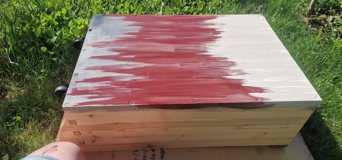 A cupboard/cargo box being painted in white, red and oxide black. 