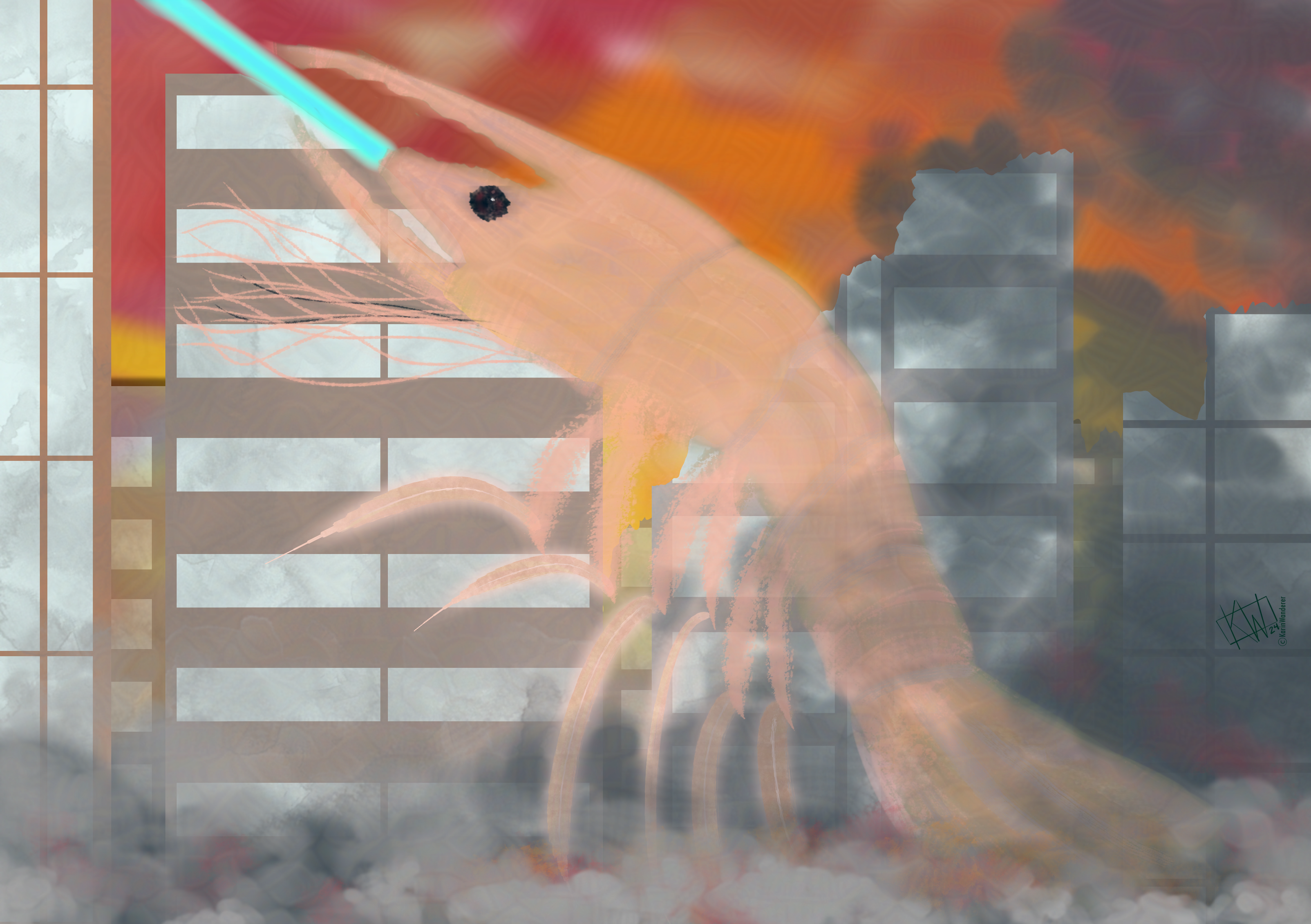 Digital drawing of a giant shrimp rampaging through a wrecked city, destroying buildings with her atomic breath.
