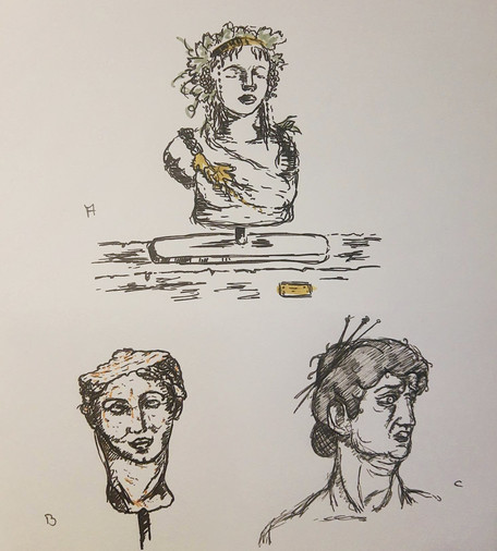 3 different, rough sketches of ancient statue (parts) - all b/w, first one with some green, gold, 2nd one with very little orange

A) a head + torso of a statue with leaves and grapes in her hair
B) after a reference : Head of a statue of Aphrodite 
C) a Sketch loosely based on david but with a light female tough an a traditional Haircut

