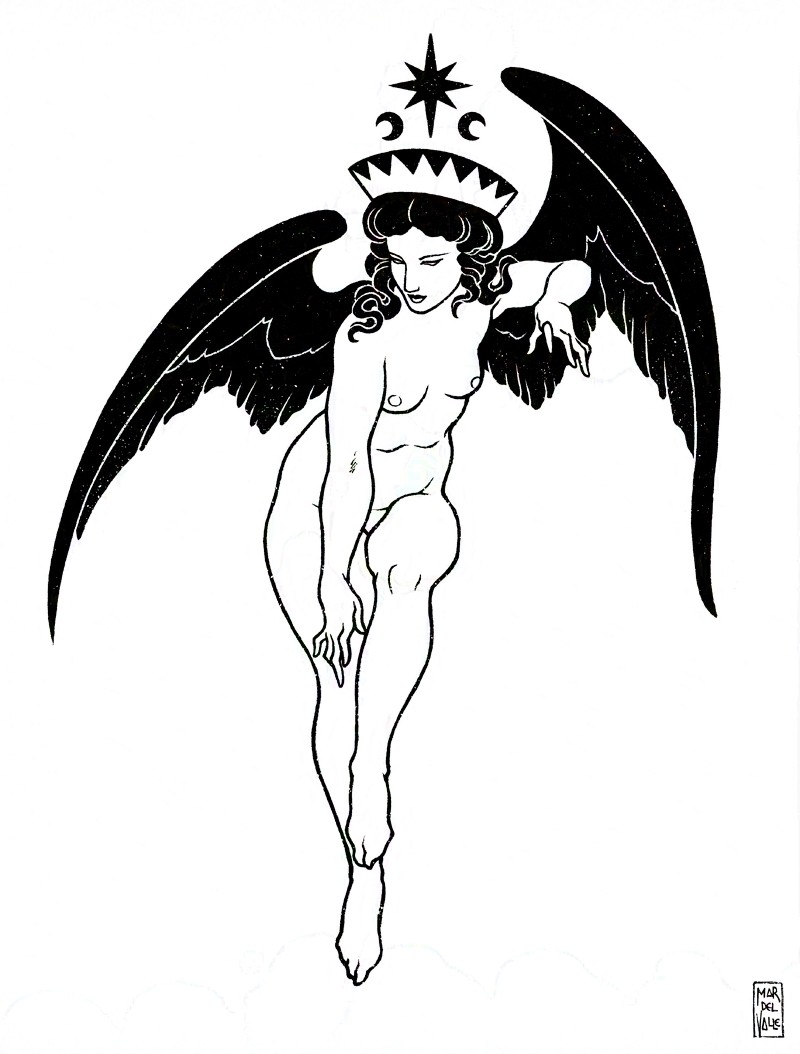 Ilustración en blanco y negro estilo grecolatino representando a una diosa, podría ser Ishtar, Astarte o Inanna. Está representada de cuerpo entero y frontal en una pose grácil y sensual, como levantando el vuelo o posándose. Es también una pose vagamente amenazante, recuerda a un vampiro. Está desnuda y tiene alas negras y pelo negro ondulado, y lleva un tocado sobre el cual hay una estrella negra de ocho puntas y dos lunas negras crecientes flanqueándola.
---
Black and white Illustration depicting a goddess, she could be Ishtar, Astarte or Inanna. She is drawn in full body facing front in a graceful and sensual pose, like if she were taking flight or landing. It's also a vaguely threatening pose, she looks a bit like a vampire. She is naked and has black wings and wavy black hair, and she is wearing a headdress above which there is a black eight-pointed star and two black crescent moons.