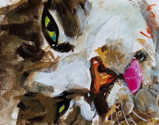 Boceto a témpera de la cara de mi gata romana Pipa, los ojos entrecerrados y media lengua fuera.

Gouache sketch of the face of my tabby cat Pipa, half closed eyes and half tongue out.