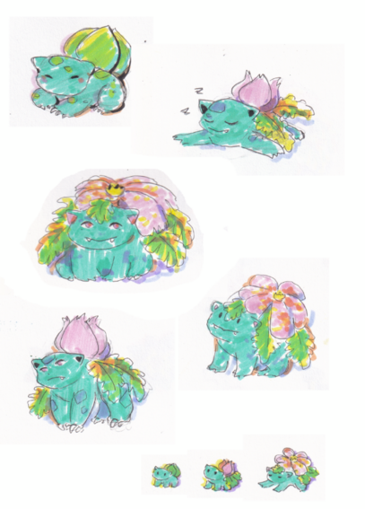 A page showing several drawings of the Bulbasaur evolutionary line coloured in pastel felt tips
