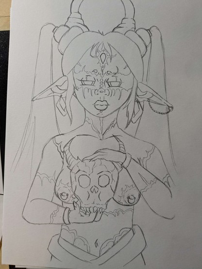 A pencil drawing of a horned woman with long hair in twintails with buns. Her body is uncovered and decorated with many jagged tattoo like markings. She holds a horned skull in her hands.
