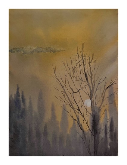 Painting of trees with the setting sun behind them.