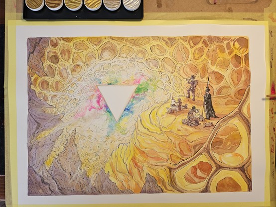 A traditional painting on a board, showing an amber fantasy cave with a strange triangle in the centre