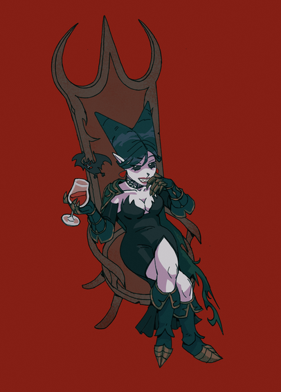 an illustration of a femme-presenting vampire character lounging cross-legged on a high-back chair. she has striking V-shaped hair and holds an elegant glass of red liquid in one hand while a small vampire bat floats around it. she wears a revealing dark dress with large gauntlets and boots. 