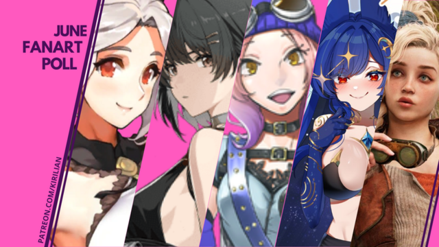 Banner for a poll on patreon!

Options to vote are:

-Prototype Labiata, from Last Order

-Female Rover, from Wutering Waves

-Frida, from Eiyuden Chronicles: Hundred Heroes

-Vienna, VTuber

-Gemma, from Monster Hunter: Wilds