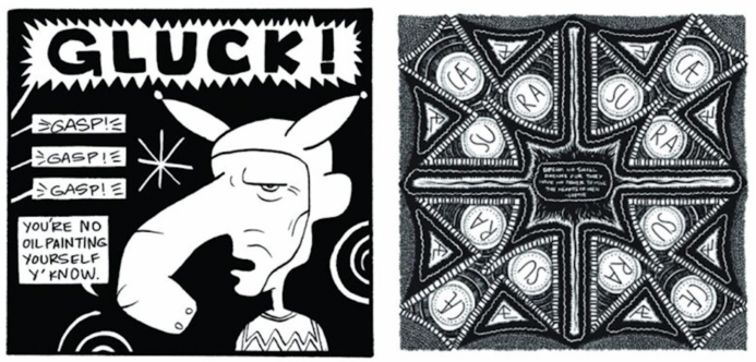 Panel 1: A single panel from Gluck, Adam’s second comic, unfinished at the time of his death, which introduces the titular character. 

Panel 2: A title card from Adam’s comic Octave – he made one for each strip, often letting his drawings get abstract or expressive. 