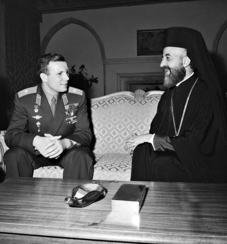 First cosmonaut Yuri Gagarin and archbishop Makarios III, Cyprus, 1962.