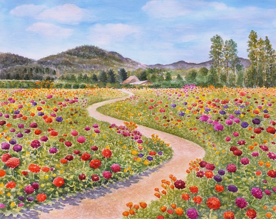 A winding pathway through a colorful field of flowers. Painted in watercolor.