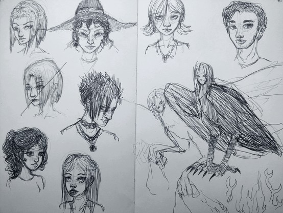 Ball point pen drawings in a sketchbook spread. There are a lot of character busts and a couple sketches of a bird person