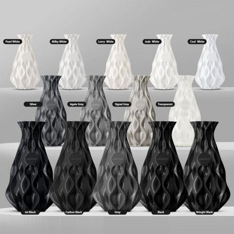 A large collection of 3D printed vases in shades of white, grey and black, all labelled