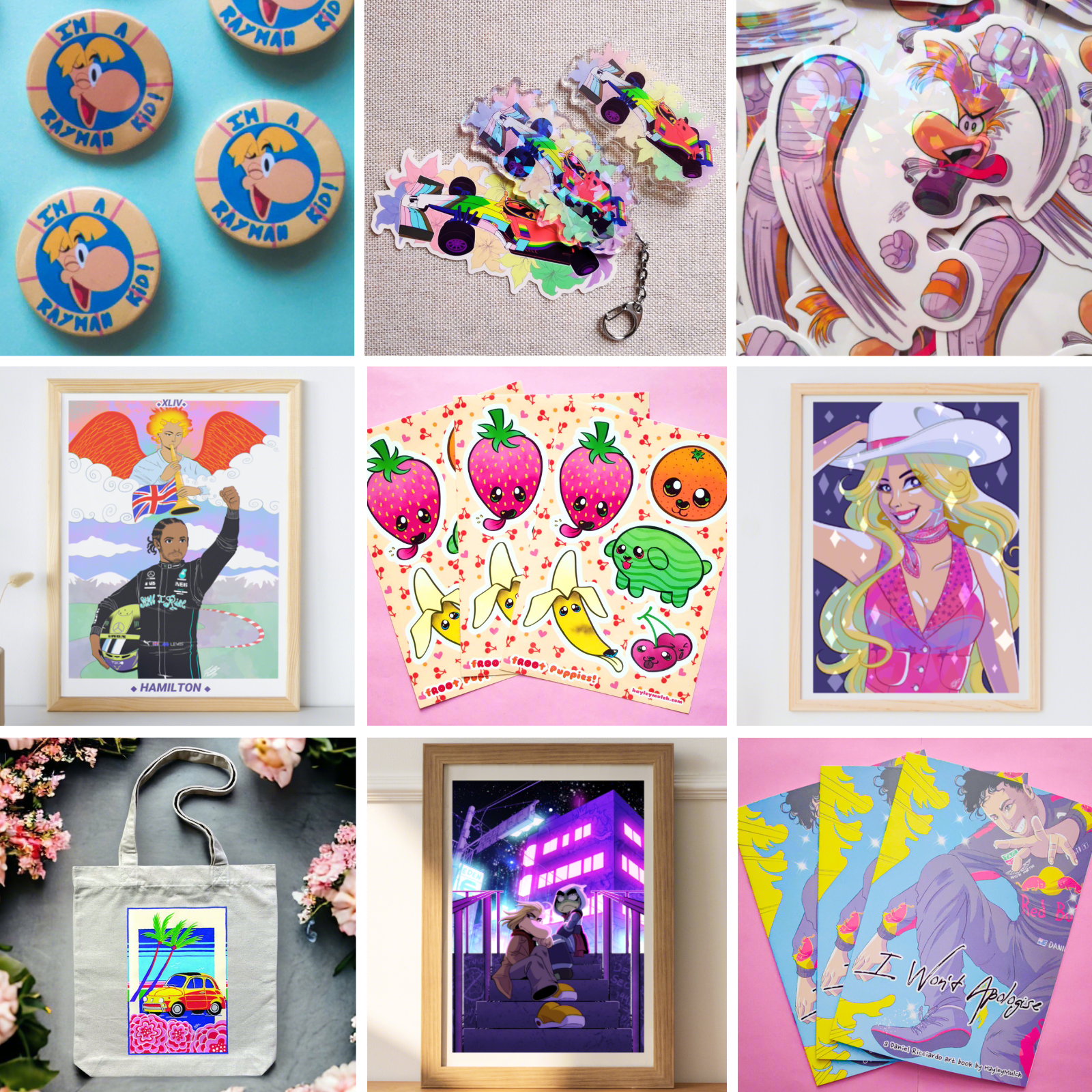 Photo collage of various products from my store including Rayman badges and stickers, a Captain Laserhawk print, a Lewis Hamilton print, a Barbie print, Pride F1 livery accessories, a Fiat 500 tote bag, and a Daniel Ricciardo art book.