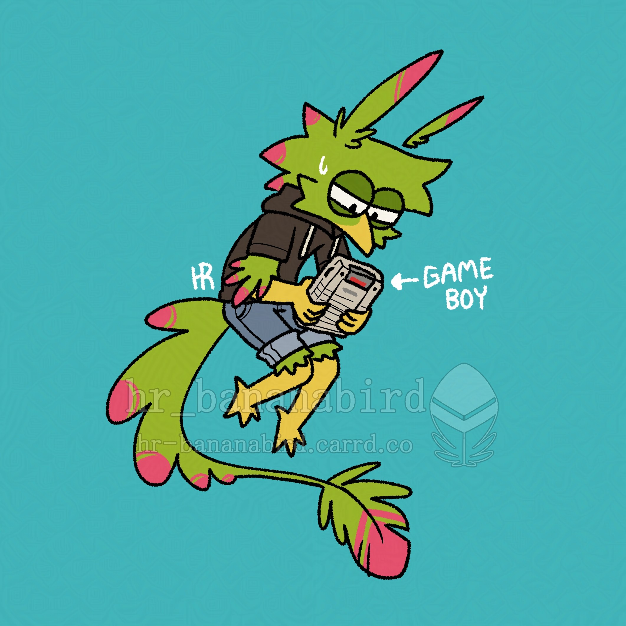 Digital art of a green anthro bird sitting and playing a Game Boy. They're squinting their eyes cause of the small screen.