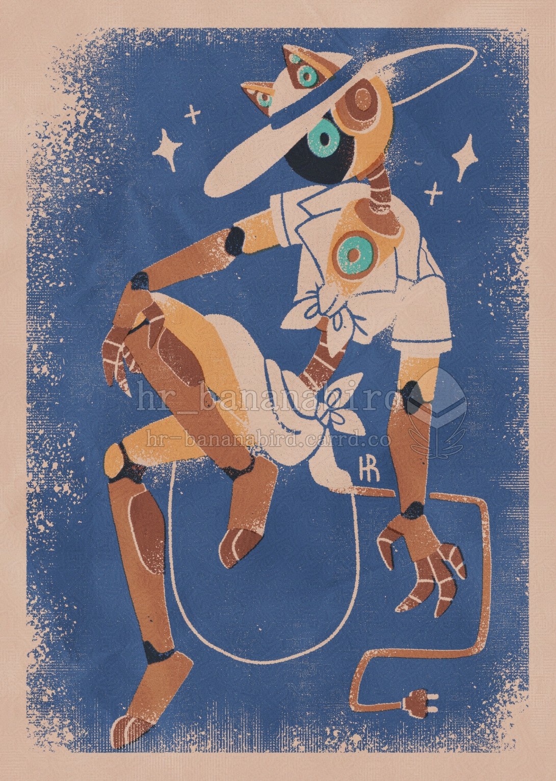 Digital art mimicking a retro poster style. Drawn is a yellow humanoid robot with a screen for a face, cat ears and a tail that's a power cord. They are wearing a white hat with a wide brim, a white button-up with the front tied in to a knot, and a white pareo skirt. Around them are a few stylized sparkles.