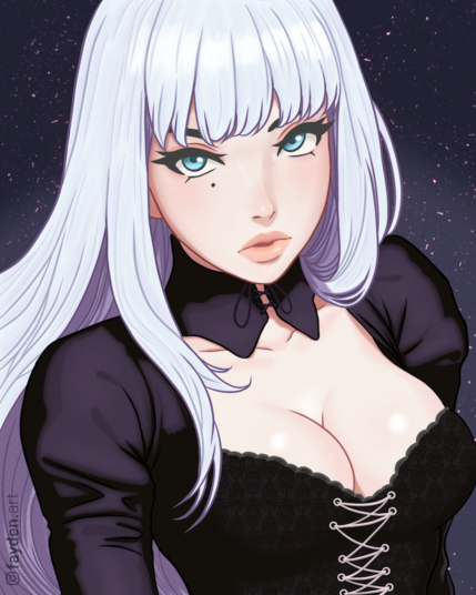 Drawing of a woman wearing a corset, silver hair and blue eyes 